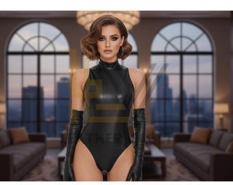 Black Faux Leather Bodysuit – Zip Front Catsuit, Gothic Biker Outfit, Clubwear Lingerie