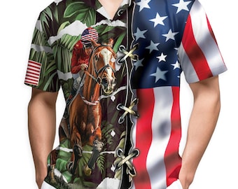 American Jockey Racing Hawaiian Shirt, Patriotic Equestrian Shirt, Summer Button Down Shirt for Men, Horse Racing Shirt