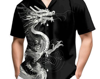 Hawaiiaans shirt Black Dragon, Japanse drakenkunst button-down, Yin Yang Dragon Aloha-shirt, uniseks zomerstrandshirt S–5XL