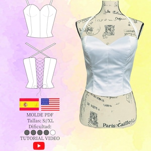 May include: A white satin bustier top displayed on a mannequin, with a halter neck design. The image includes a diagram of the bustier and text that reads "BUSTIER PERLA", "MOLDE PDF", "Tallas: S//XL", "Dificultad:" and "TUTORIAL VIDEO".