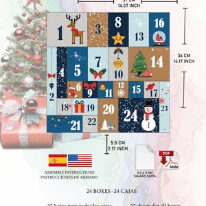 Peut inclure: Un calendrier de l'Avent avec 24 boîtes numérotées illustrées de motifs de Noël comme un renne, un bonhomme de neige et un sapin. Il mesure 37 cm sur 36 cm, avec des boîtes de 5,5 cm. Inclut des instructions de montage au format PDF.
