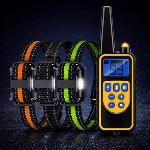 May include: A black and yellow remote control device with a blue screen displaying the number 99, next to three dog collars. The collars have black straps with orange and green stripes, and a black control box with a white light.