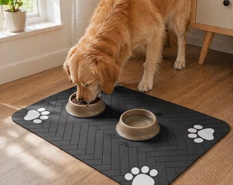 Absorbent Pet Feeding Mat | Waterproof Dog Bowl Mat | Non-Slip Cat Food Mat | Modern Paw Print Mat | Spill Proof Water Bowl Mat