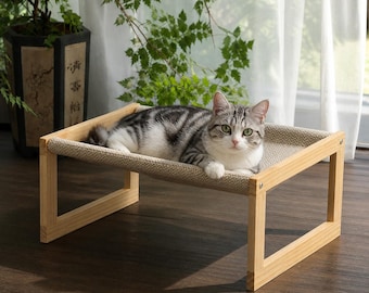 Natural Wood Frame Raised Cat Bed | Elevated Cat Hammock | Breathable Canvas Cat Perch | Sturdy Standing Cat Bed | Pet Sleeping Bed