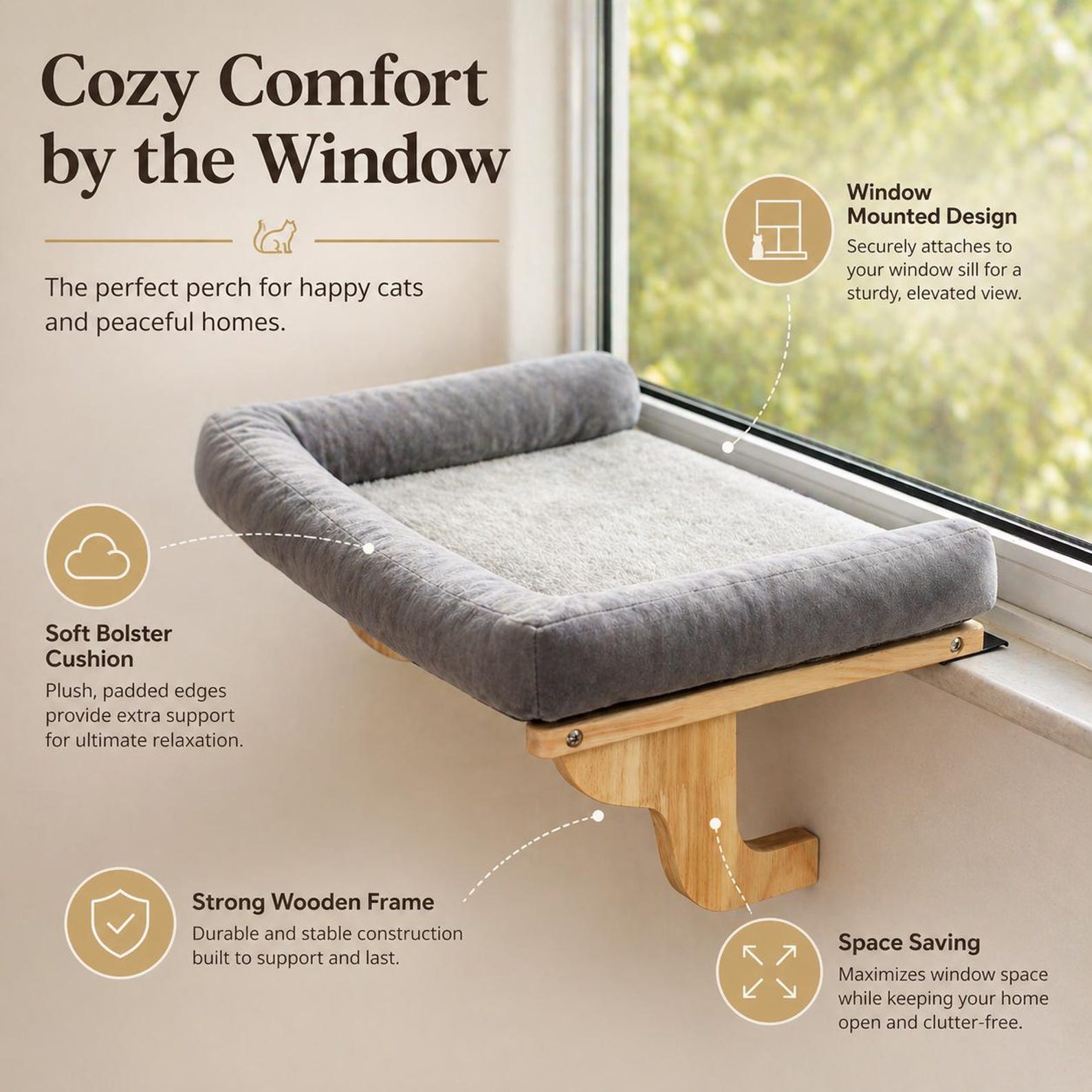 Wooden Cat Window Perch | Luxury Bolster Cat Window Bed | Mounted Cat Sill Seat | Boho Cat Furniture | Sturdy Wood Floating Cat Shelf