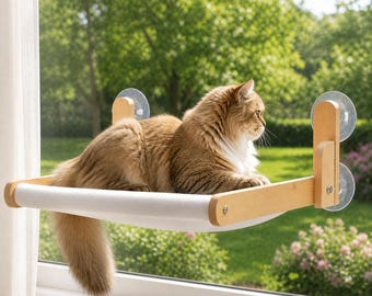 Wood Cat Window Perch | Cat Window Bed | Space Saving Cat Window Seat | Japandi Style Pet Furniture | Modern Kitty Window Mount Bed