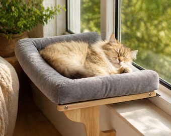 Wooden Cat Window Perch | Luxury Bolster Cat Window Bed | Mounted Cat Sill Seat | Boho Cat Furniture | Sturdy Wood Floating Cat Shelf