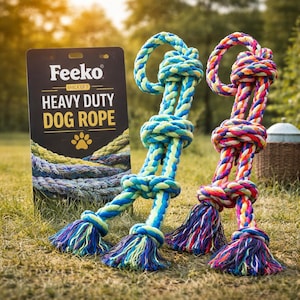 May include: Two heavy-duty dog ropes with knotted designs and colorful tassels. One rope is blue and green, the other is red, orange, and purple. A sign behind the ropes reads "Feeko Heavy Duty Dog Rope."