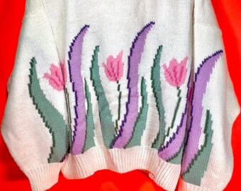 Unworn Vintage 90s Oversized Flower Novelty Knit Sweater, free size, L-XL