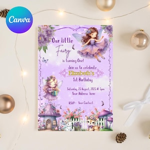 Purple Fairy Birthday Invitation Template: Editable Canva Design (Digital Download A6 Size)