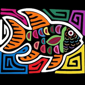 Puede incluir: Una vibrante ilustración gráfica de un pez con audaces patrones geométricos en naranja, verde y rosa sobre un fondo negro sólido. El diseño incorpora formas estilizadas y líneas onduladas en azul, amarillo y morado, creando una composición colorida y simétrica con una estética de alto contraste.