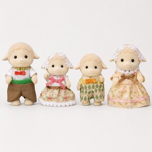 May include: A set of four flocked sheep figurines. The first wears a white shirt with a red bow tie and brown trousers. The second wears a floral dress with a pink bow and white lace bonnet. The third wears a yellow shirt with an orange bow tie and green patterned shorts. The fourth wears a floral dress with a brown bow and white lace bonnet.