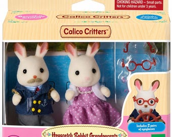 Calico Critters Rabbit Grandparents Set Sylvanian Families, Hopscotch Rabbit Grandfather and Grandmother, Epoch Dollhouse Figures