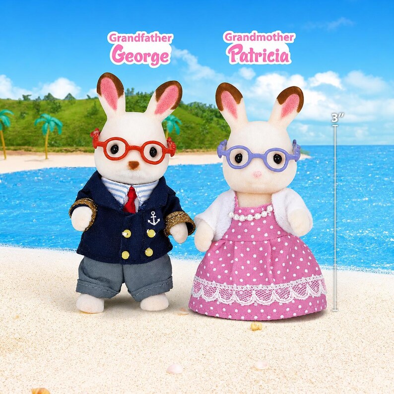 May include: Two flocked rabbit figurines, Grandfather George and Grandmother Patricia, standing 3 inches tall. George wears a navy blazer with an anchor emblem, red tie, and red glasses. Patricia wears a pink polka-dot dress, white cardigan, and purple glasses.