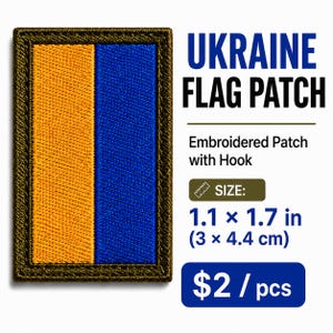 Può includere: Una toppa ricamata rettangolare con la bandiera dell'Ucraina, strisce verticali gialle e blu e un bordo verde oliva scuro. Il testo riporta UKRAINE FLAG PATCH, Embroidered Patch with Hook, e le dimensioni sono 3 x 4,4 cm.