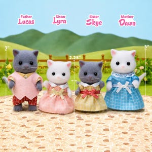 May include: Four flocked cat figurines labeled Father Lucas, Sister Lyra, Sister Skye, and Mother Dawn. The father is 3 inches tall, the sisters are 2.25 inches tall, and the mother is 3 inches tall. They wear fabric clothing in pink, blue, and yellow.