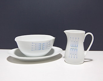 1960s Vtg Noritake 6110 Carillon Gravy Boat And Pitcher 2 Piece Set Minimalist Design White Blue Green Pattern Noritake Japan Serving Set