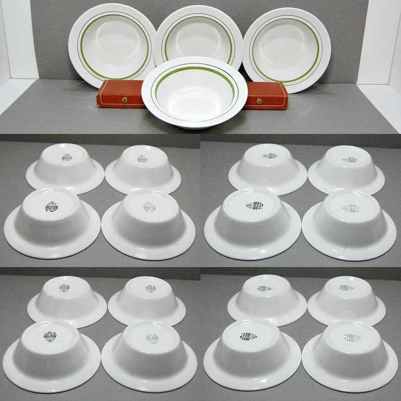 Shenango China Interpace Dessert Bowls Magna Set Of 4 White Avocado Trim 70s Vintage Dishes Modern Angular Bowls Restaurant Ware
