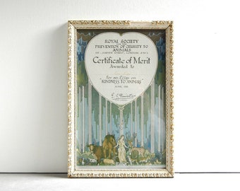 1928 Vintage RSPCA Certificate Of Merit Early 20th Century Royal Society London Original Document Art Deco Print Art Nouveau Artemis Animals