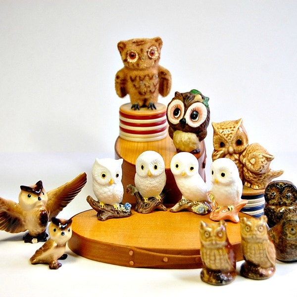 1970s Vintage Owls Collection Miniature Owl Figurines Instant Collection 13 Piece Collector Set Wise Birds Napcoware Kunstlerschutz