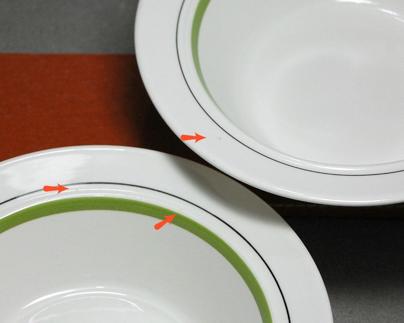 Shenango China Interpace Dessert Bowls Magna Set Of 4 White Avocado Trim 70s Vintage Dishes Modern Angular Bowls Restaurant Ware