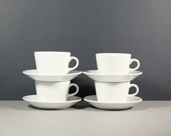 Vtg Arabia Kaj Franck White Kilta Teema Cups Saucers Set Of 4 Midcentury Scandinavian Design Minimalist 50s Vintage