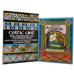 May include: Two books about Celtic art. The book on the left is titled "Celtic Art: The Methods of Construction" by George Bain. The book on the right is titled "The Art of Cettia" by Courtney Davis. Both books feature intricate Celtic knotwork designs on their covers.