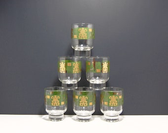 1950s Vtg Barware Eva Zeisel Stockholm Glasses Andes Pattern Green Gold Design Federal Glass Iconic Midcentury Designers