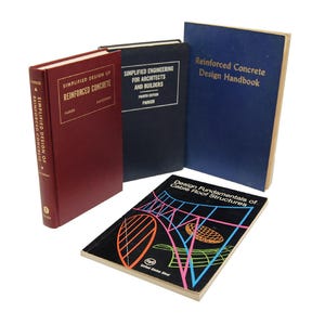 May include: Four books on the topic of reinforced concrete and cable roof structures. The books are all different colors and have different titles. The titles are "Simplified Design of Reinforced Concrete", "Simplified Engineering for Architects and Builders", "Reinforced Concrete Design Handbook", and "Design Fundamentals of Cable Roof Structures".