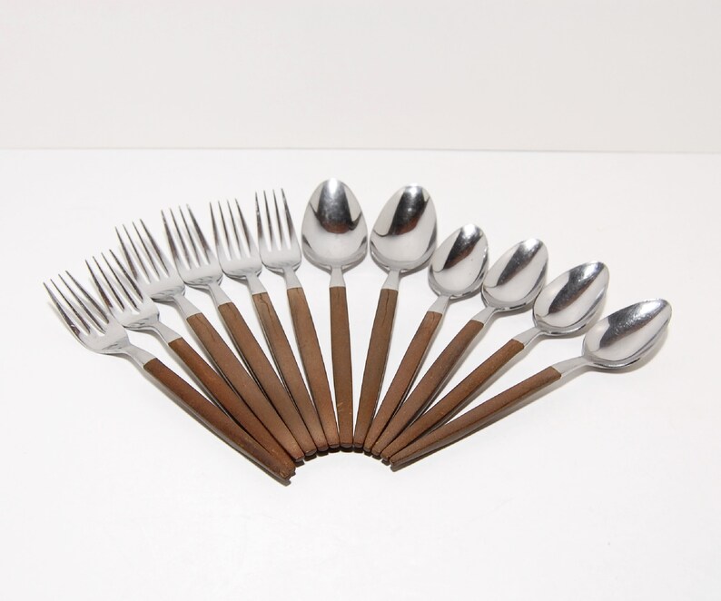 1960s MidCentury Vtg Ekco Eterna Canoe Muffin Flatware 12 Pieces Stainless Steel Japan Danish Modern Style MCM Forks Spoons Damaged image 5