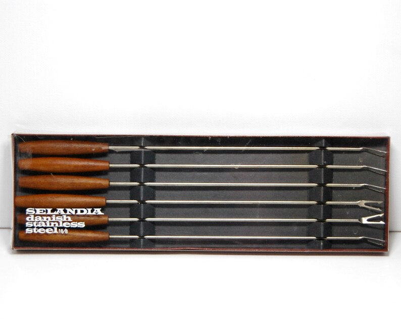 Danish Modern Selandia Danish Steel Forks Teak Handles Barbed Tines 70s Vintage Hot Pot Utensils Fondue Forks Excellent Condition