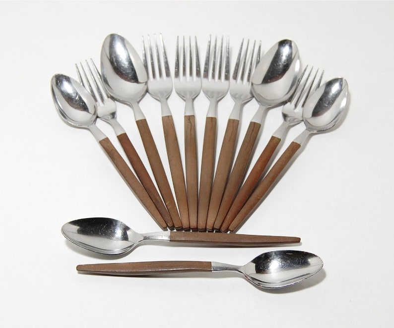 1960s MidCentury Vtg Ekco Eterna Canoe Muffin Flatware 12 Pieces Stainless Steel Japan Danish Modern Style MCM Forks Spoons Damaged image 8