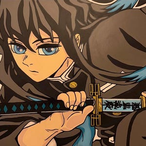 May include: Anime-style artwork featuring a character with blue eyes and black hair. The character is holding a katana with a gold hilt and a black and blue blade. The artwork is set against a dark background.