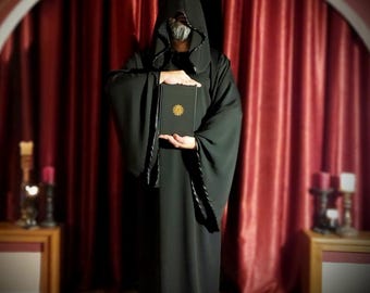 Túnica con capucha Tau negra, Túnica de neófito, Túnica de la bruja, Túnica ritual, Túnica ceremonial, Invocación, A.A., Wicca, Goetia, Sendero de la mano izquierda