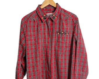 90s vintage plaid shirt with embroidery - size large