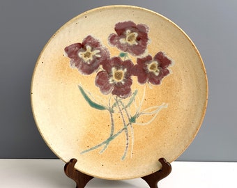 Artisan stoneware pottery plate with flowers - 1980s vintage