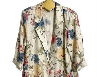 1980s linen blend floral oversized blazer - size L