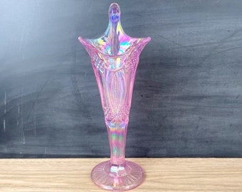 Mosser Glass pink iridescent jack in a pulpit vase - vintage art glass