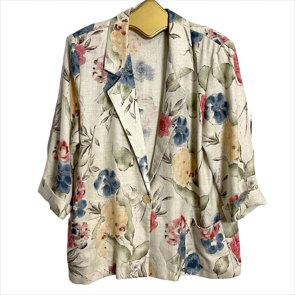 1980s linen blend floral oversized blazer - size L