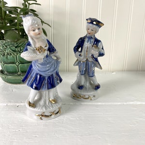 Regency couple porcelain figurines in blue, white and gold vintage romantic decor image 1