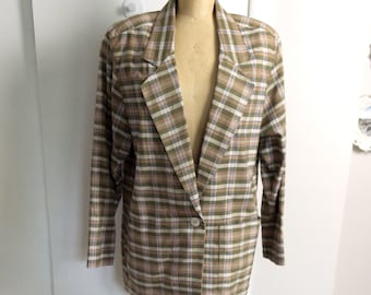 Vintage des années 1980 Saks Fifth Avenue vrais vêtements à carreaux en soie Power Blazer taille 10 12 14