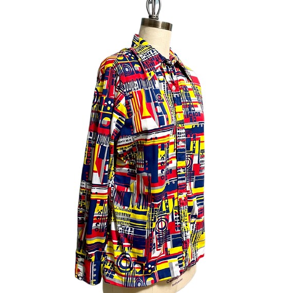 1970s geometric print polyester disco era shirt -… - image 4