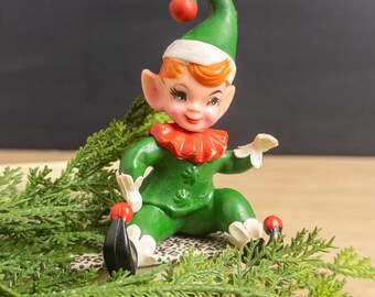 Vintage Rubber Pixie Elf Shelf Sitter - Hong Kong - 1950s 1960s Christmas Figure