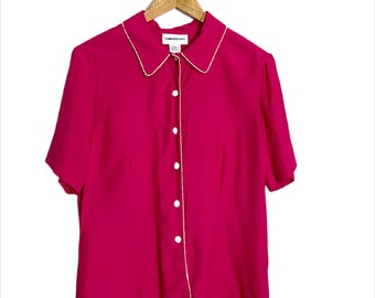 Vintage 80s Fuchsia Blouse By Suburbans – Size M-L – Pearl Cluster Buttons, Short Sleeves