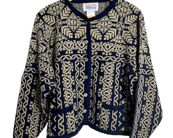 1990s Tally-Ho jacquard knit sweater jacket - size PL