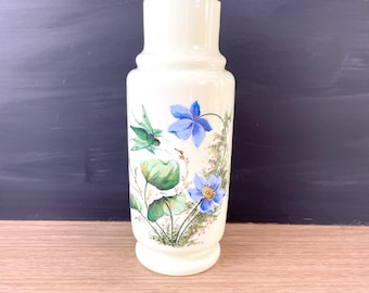 Vase bristol ancien en verre des années 1900, émail opalin, insecte floral peint Cottagecore