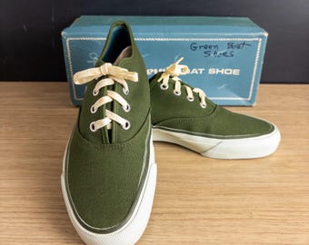 Vintage 1960s-70s JC Penney Loden Green Canvas Boat Shoes Deadstock Original Box