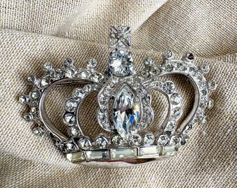 CoroCraft Sterling Crown Brooch - Pegasus Mark, Clear Rhinestones - 1940s Vintage Pin