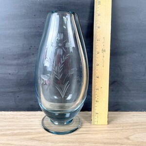 Sapphire blue teardrop heavy glass vase with etched flowers image 7