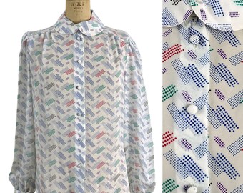 1980s vintage blouse - sheer geometric print - size M